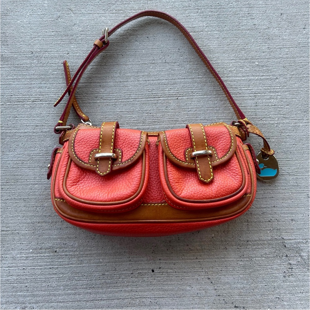 Vintage Dooney & Bourke Coral and Tan Leather Shoulder Bag.